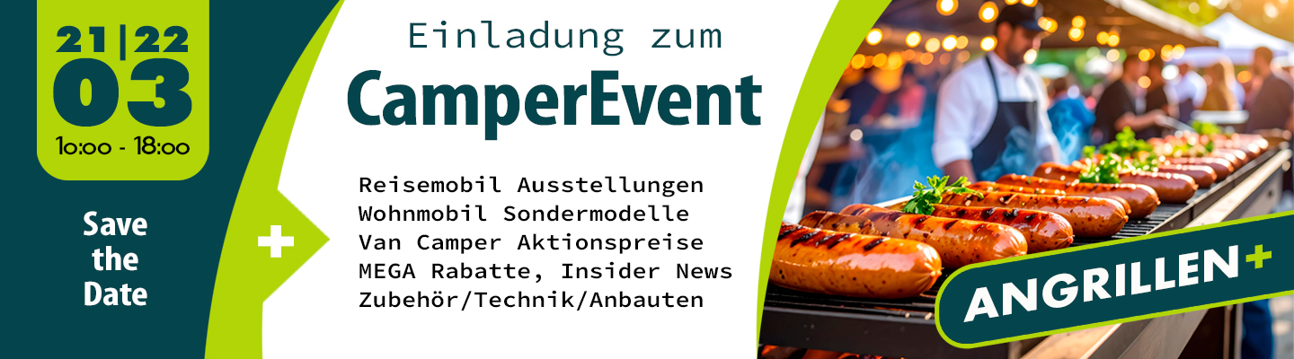 Camperevent am21. und 22. März 2026. Einladung zum angrillen bei Uwe Gante in Niederelsungen von 10-18 Uhr. Die Auststellungsfahrzeuge können besichtigt werden und es gibt neues und Preisvorteile.